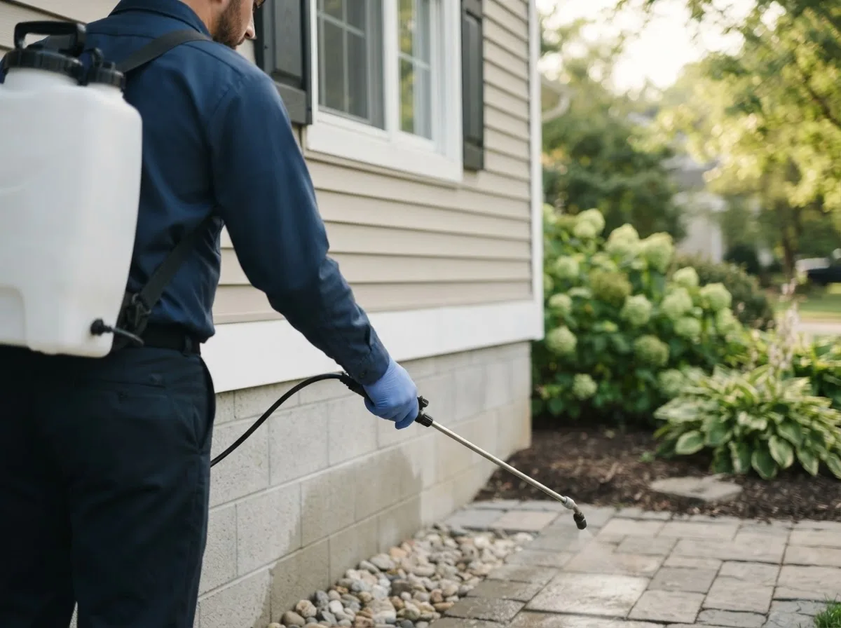 Pest control technician inspecting a home in Commiskey, IN